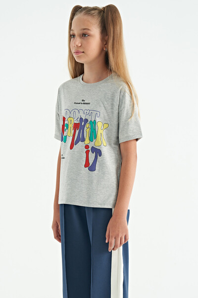 Tommylife Wholesale Gray Melange Round Neck Oversize Short Sleevelu Girls T-Shirt - 75112 - Thumbnail