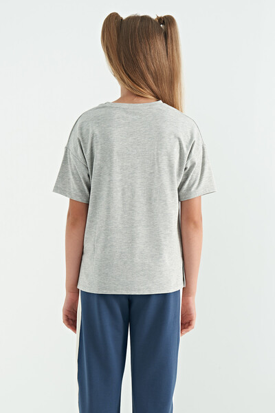 Tommylife Wholesale Gray Melange Round Neck Oversize Short Sleevelu Girls T-Shirt - 75112 - Thumbnail