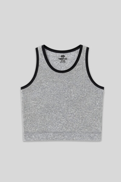 TOMMYLIFE - Tommylife Wholesale Gray Melange Sleeveless Skinny Fit U Collar Women's Crop Top - 97160