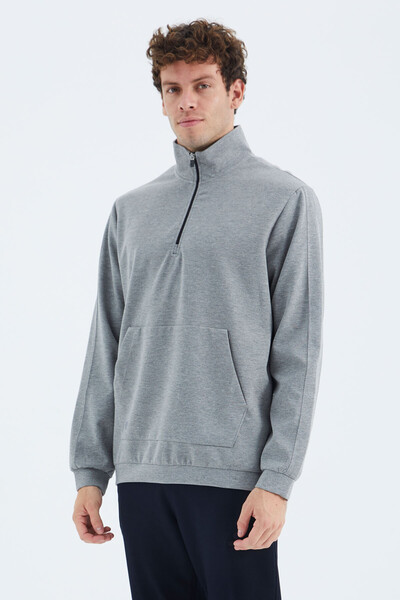 Tommylife Wholesale Gray Melange Stand Collar Half Zip Men's Sweatshirt - 88278 - Thumbnail