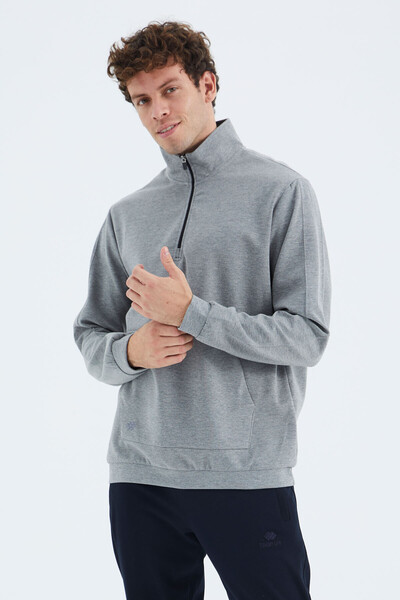 Tommylife Wholesale Gray Melange Stand Collar Half Zip Men's Sweatshirt - 88278 - Thumbnail