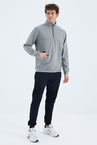 Tommylife Wholesale Gray Melange Stand Collar Half Zip Men's Sweatshirt - 88278 - Thumbnail