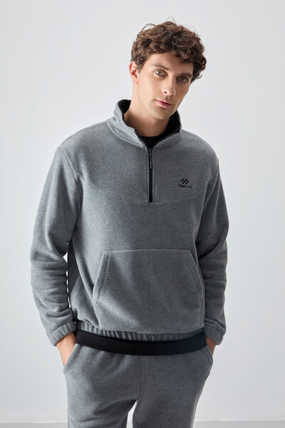 Tommylife Wholesale Gray Melange With Half Zipper Neckband Elastic Hem Men's Fleece Set - 85159 - Thumbnail