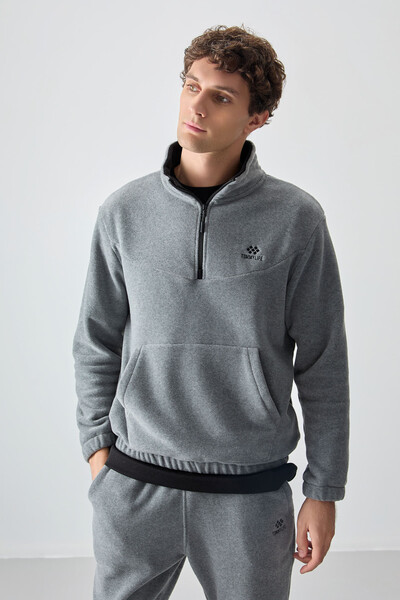 Tommylife Wholesale Gray Melange With Half Zipper Neckband Elastic Hem Men's Fleece Set - 85159 - Thumbnail