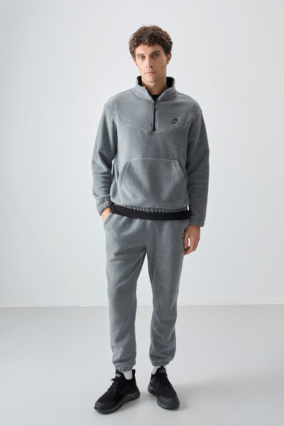 Tommylife Wholesale Gray Melange With Half Zipper Neckband Elastic Hem Men's Fleece Set - 85159 - Thumbnail