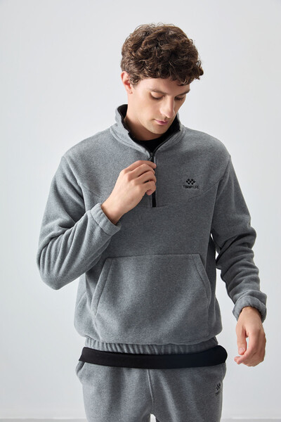 Tommylife Wholesale Gray Melange With Half Zipper Neckband Elastic Hem Men's Fleece Set - 85159 - Thumbnail