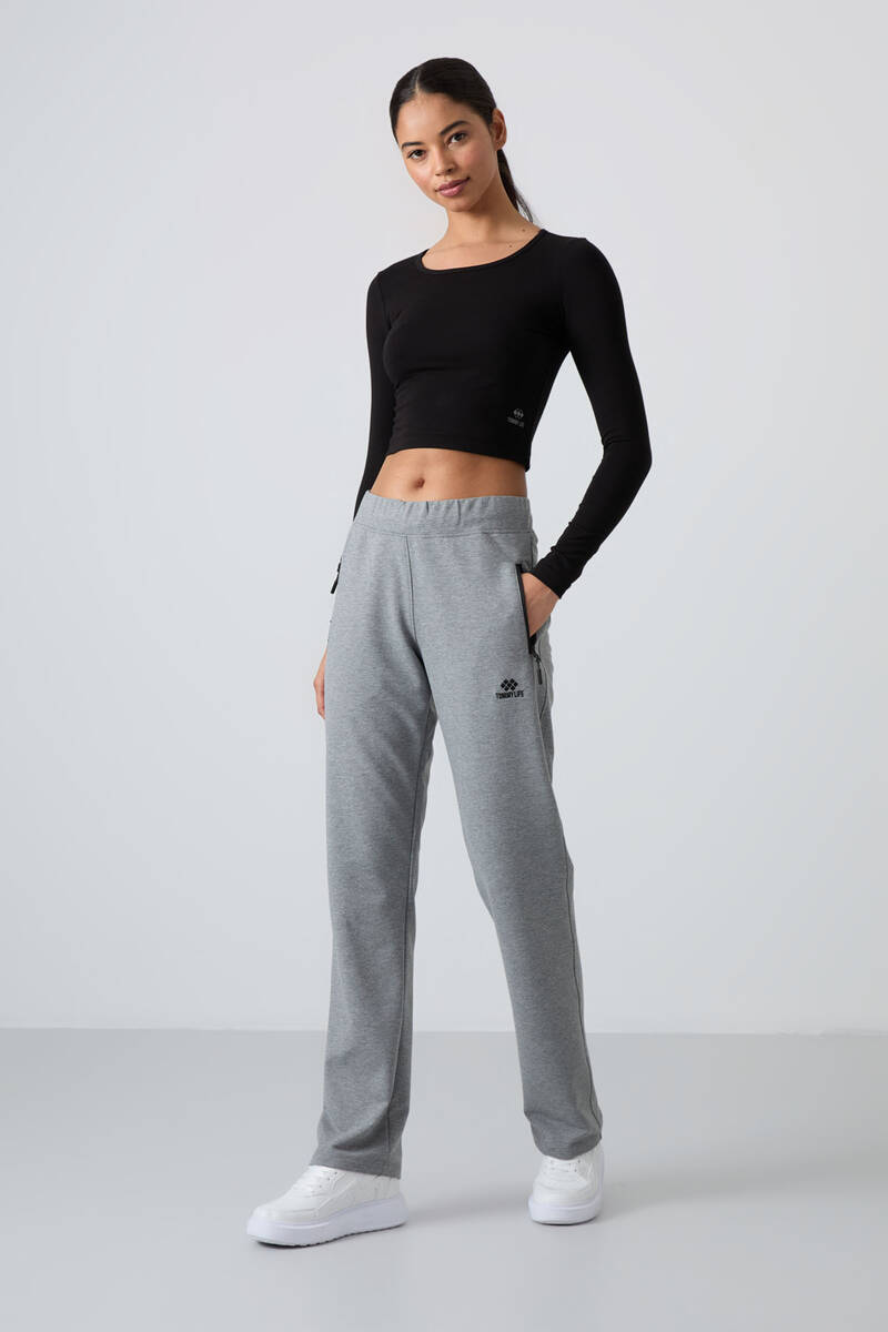TOMMYLIFE - Tommylife Wholesale Gray Melange With Zipper Pocket Comfy Classic Hem Women's Sweatpants - 94195