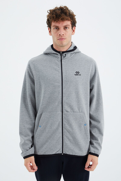 Tommylife Wholesale Gray Melange Zippered Hooded Relaxed Fit Men's Sweatshirt - 88271 - Thumbnail