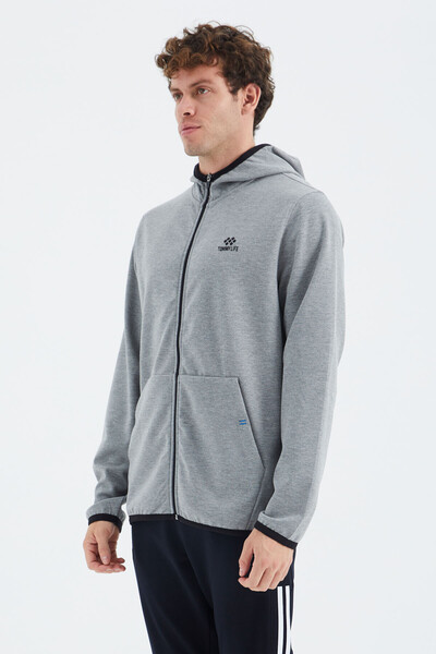 Tommylife Wholesale Gray Melange Zippered Hooded Relaxed Fit Men's Sweatshirt - 88271 - Thumbnail