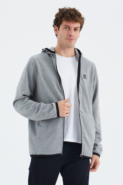 Tommylife Wholesale Gray Melange Zippered Hooded Relaxed Fit Men's Sweatshirt - 88271 - Thumbnail