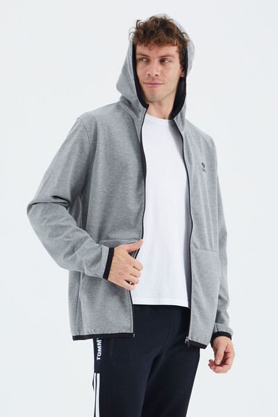 Tommylife Wholesale Gray Melange Zippered Hooded Relaxed Fit Men's Sweatshirt - 88271 - Thumbnail