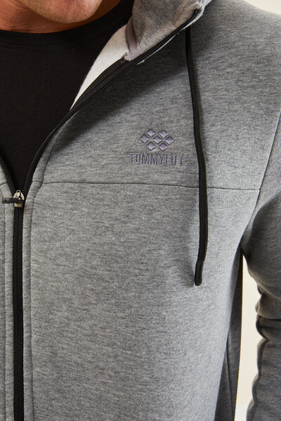 Tommylife Wholesale Gray Melange Zippered Men's Sweatshirt - 88303 - Thumbnail