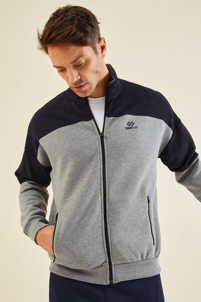 Tommylife Wholesale Gray Melange Zippered Men's Sweatshirt - 88314 - Thumbnail