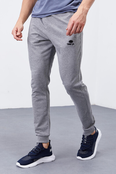 Tommylife Wholesale Gray Melange Zippered Pocket Slim Fit Jogger Men's Sweatpants - 84343 - Thumbnail