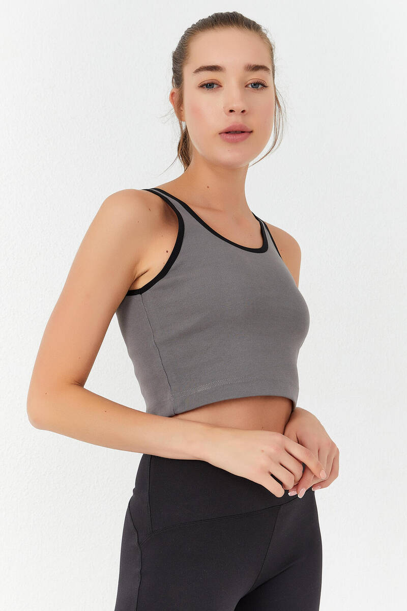 TOMMYLIFE - Tommylife Wholesale Gray Sleeveless Skinny Fit U Collar Women's Crop Top - 97162