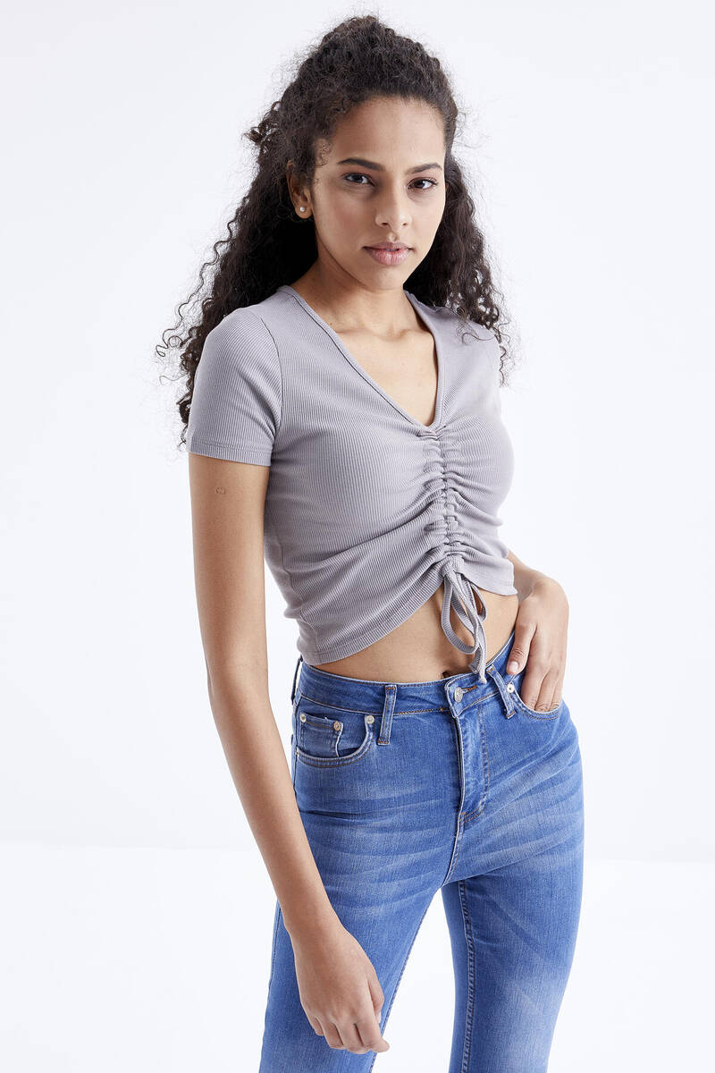 TOMMYLIFE - Tommylife Wholesale Gray V Collar Women's Crop Top T-Shirt - 97205
