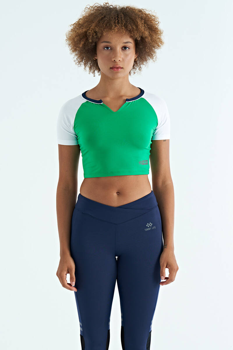 TOMMYLIFE - Tommylife Wholesale Green Crew Neck Slim Fit Women's Crop T-Shirt - 97270