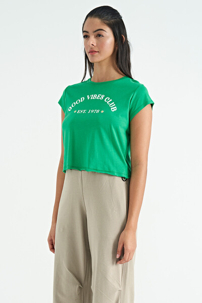 Tommylife Wholesale Green Loose Fit O-Neck Women's Basic T-shirt - 02255 - Thumbnail