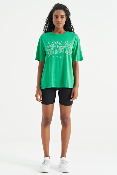 Tommylife Wholesale Green Oversize O-Neck Basic Women's T-Shirt - 02181 - Thumbnail