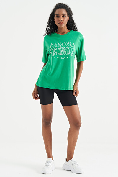 Tommylife Wholesale Green Oversize O-Neck Basic Women's T-Shirt - 02181 - Thumbnail