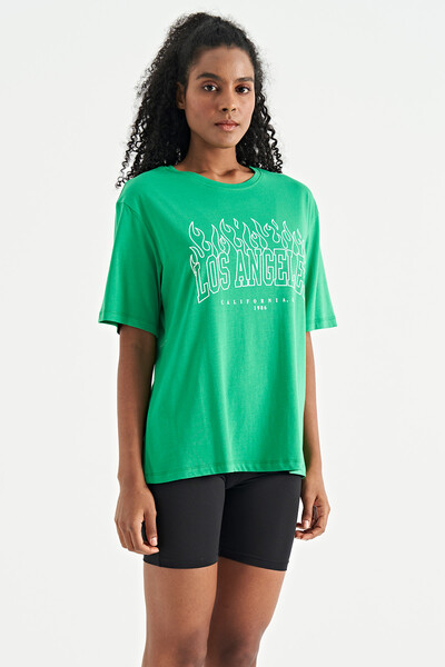 Tommylife Wholesale Green Oversize O-Neck Basic Women's T-Shirt - 02181 - Thumbnail