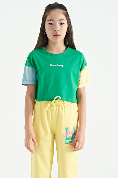 Tommylife Wholesale Green Printed Round Neck Oversize Girls T-Shirt - 75130 - Thumbnail
