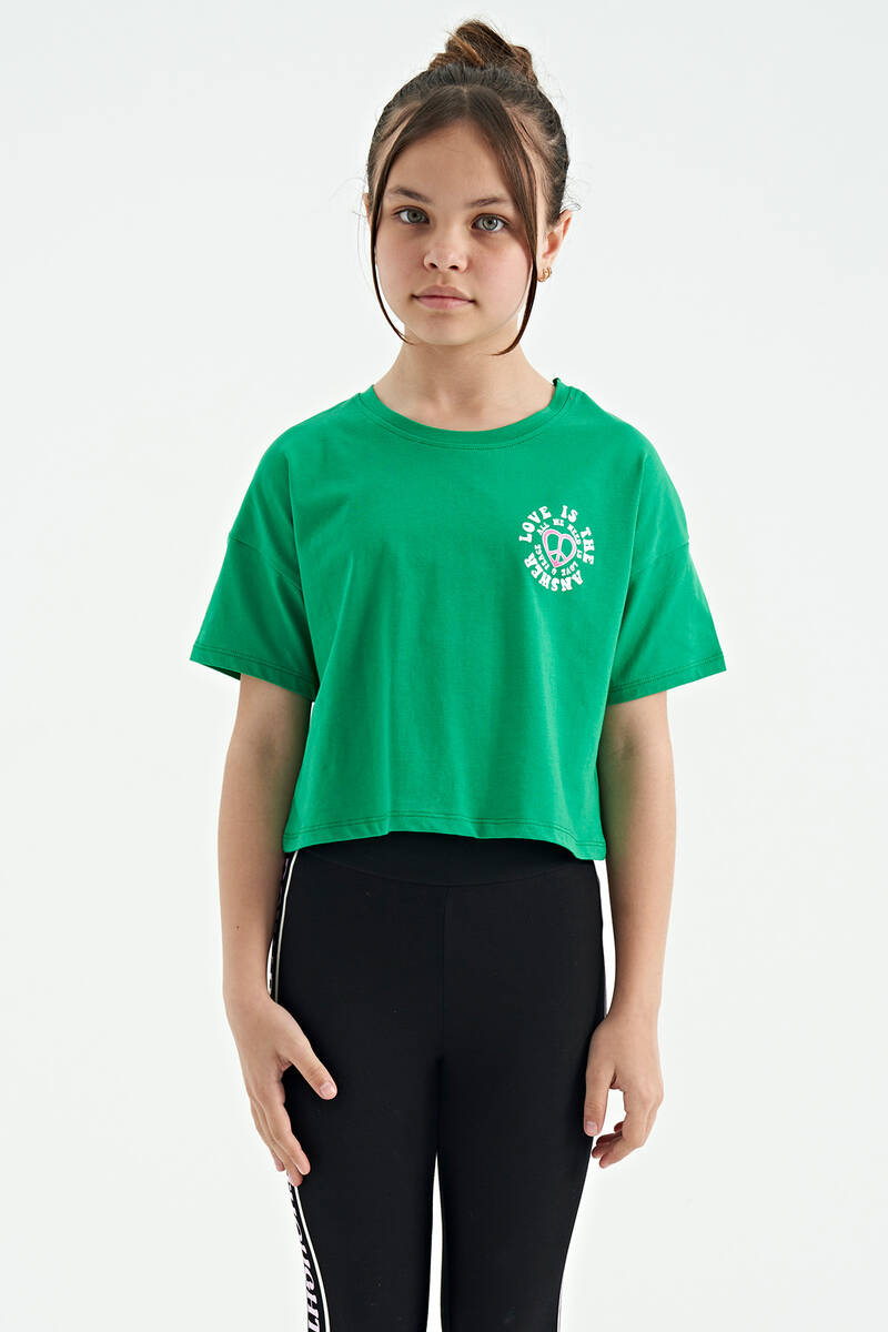 TOMMYLIFE - Tommylife Wholesale Green Round Neck Oversize Short Sleevelu Girls T-Shirt - 75126
