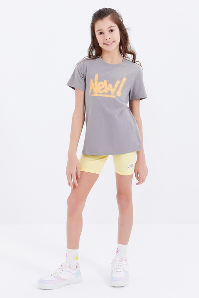 Tommylife Wholesale Grey Basic With Text Printed Bike Collar Comfy Girl T-shirt - 75041 - Thumbnail