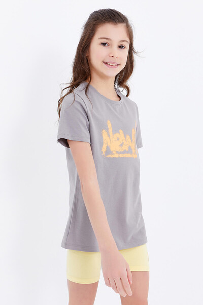 Tommylife Wholesale Grey Basic With Text Printed Bike Collar Comfy Girl T-shirt - 75041 - Thumbnail