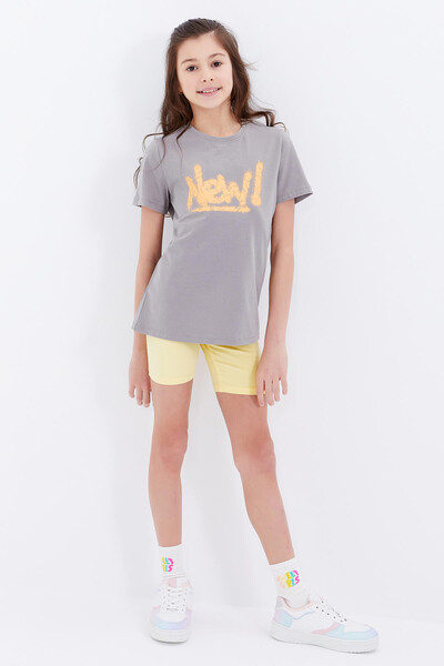 Tommylife Wholesale Grey Basic With Text Printed Bike Collar Comfy Girl T-shirt - 75041 - Thumbnail