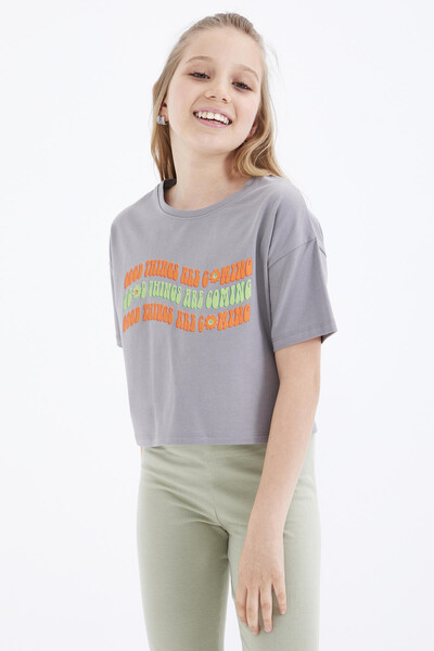 Tommylife Wholesale Grey Oversize With Colourful Text Printed Off Shoulder Bike Collar Crop Girl T-shirt - 75038 - Thumbnail