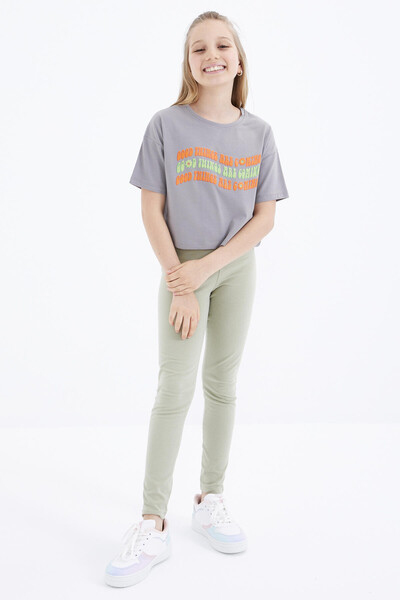 Tommylife Wholesale Grey Oversize With Colourful Text Printed Off Shoulder Bike Collar Crop Girl T-shirt - 75038 - Thumbnail