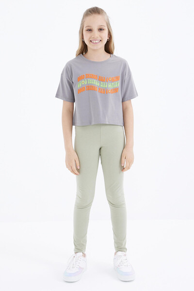 Tommylife Wholesale Grey Oversize With Colourful Text Printed Off Shoulder Bike Collar Crop Girl T-shirt - 75038 - Thumbnail