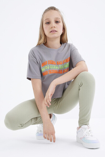 Tommylife Wholesale Grey Oversize With Colourful Text Printed Off Shoulder Bike Collar Crop Girl T-shirt - 75038 - Thumbnail