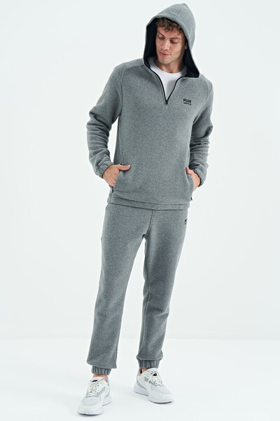 Tommylife Wholesale Hektor Standard Fit Hooded Men's Fleece Tracksuit Set 85227 Gray Melange - Thumbnail