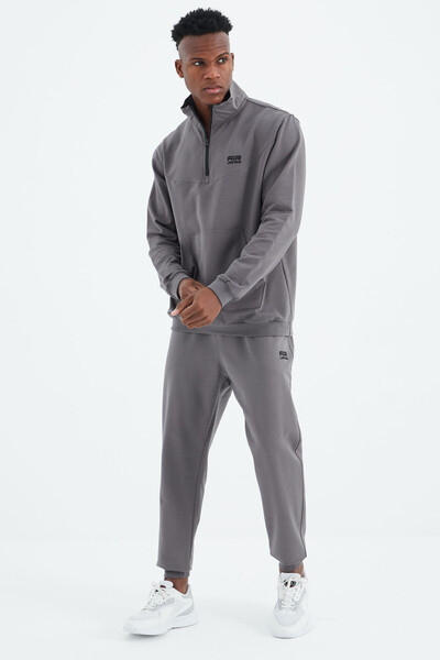 Tommylife Wholesale Herbert Standard Fit Stand Collar Men's Tracksuit Set 85233 Dark Gray - Thumbnail