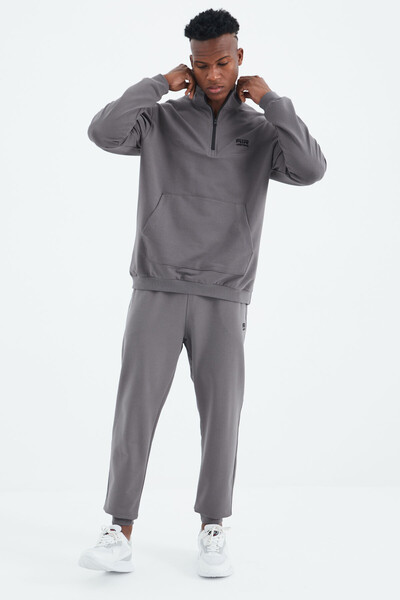 Tommylife Wholesale Herbert Standard Fit Stand Collar Men's Tracksuit Set 85233 Dark Gray - Thumbnail