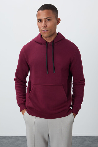 Tommylife Wholesale Hooded Comfort Fit Basic Men's Sweatshirt 88419 Bordeaux - Thumbnail