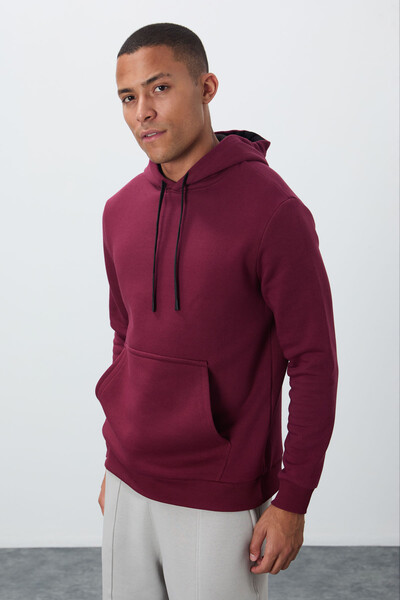 Tommylife Wholesale Hooded Comfort Fit Basic Men's Sweatshirt 88419 Bordeaux - Thumbnail