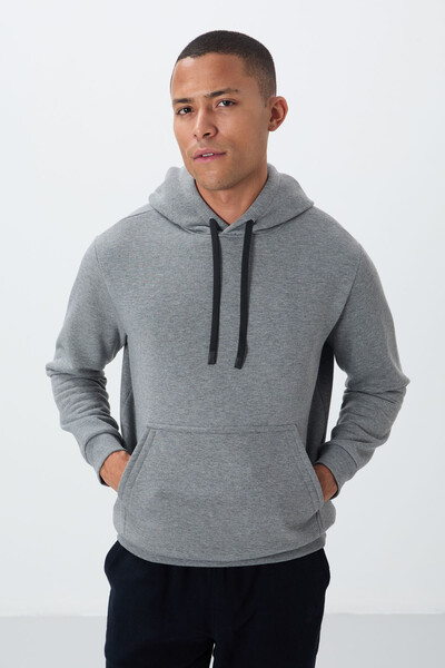 Tommylife Wholesale Hooded Comfort Fit Basic Men's Sweatshirt 88419 Gray Melange - Thumbnail