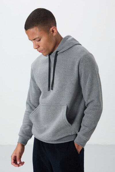 Tommylife Wholesale Hooded Comfort Fit Basic Men's Sweatshirt 88419 Gray Melange - Thumbnail