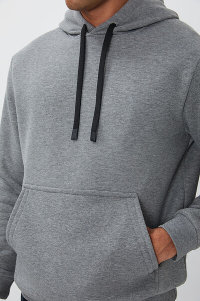 Tommylife Wholesale Hooded Comfort Fit Basic Men's Sweatshirt 88419 Gray Melange - Thumbnail