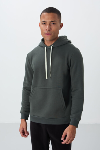 Tommylife Wholesale Hooded Comfort Fit Basic Men's Sweatshirt 88419 Khaki - Thumbnail