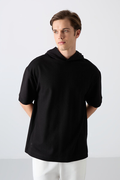 Tommylife Wholesale Hooded Oversize Basic Men's T-Shirt 88335 Black - Thumbnail