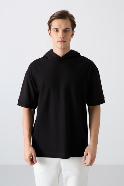 Tommylife Wholesale Hooded Oversize Basic Men's T-Shirt 88335 Black - Thumbnail