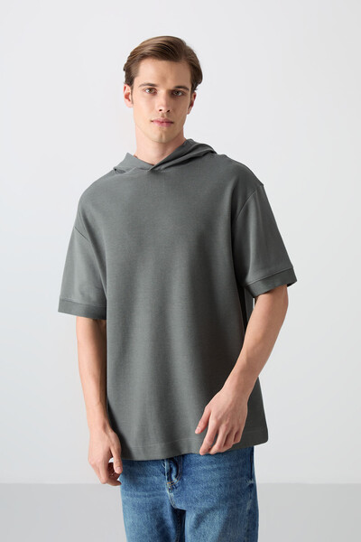 Tommylife Wholesale Hooded Oversize Basic Men's T-Shirt 88335 Khaki - Thumbnail