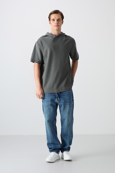 Tommylife Wholesale Hooded Oversize Basic Men's T-Shirt 88335 Khaki - Thumbnail