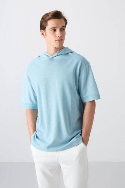Tommylife Wholesale Hooded Oversize Basic Men's T-Shirt 88335 Light Blue - Thumbnail
