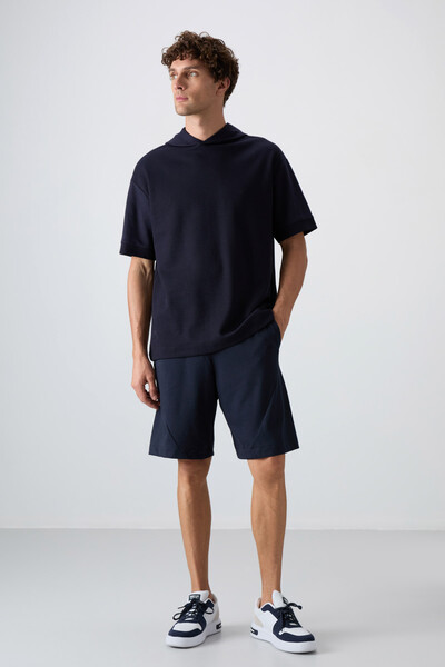 Tommylife Wholesale Hooded Oversize Basic Men's T-Shirt 88335 Navy Blue - Thumbnail