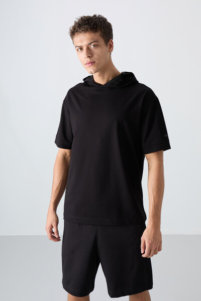 Tommylife Wholesale Hooded Oversize Basic Men's T-Shirt 88352 Black - Thumbnail